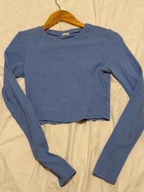 Garage Blue Ribbed Long-Sleeve Crop Top